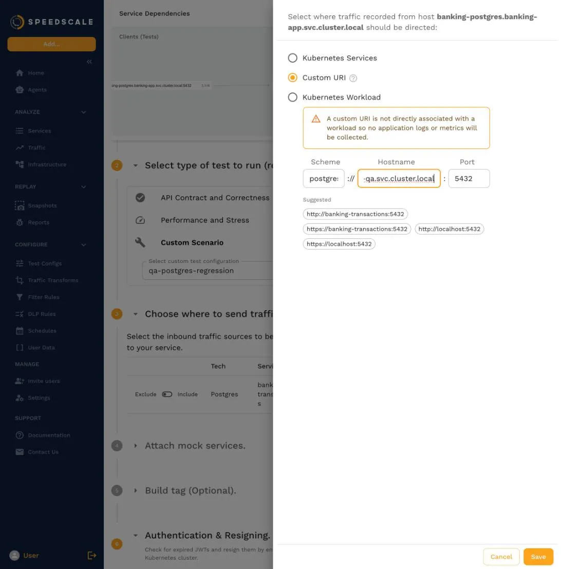The Custom URI target with scheme postgres, the qa-postgres.banking-qa.svc.cluster.local host and port 5432