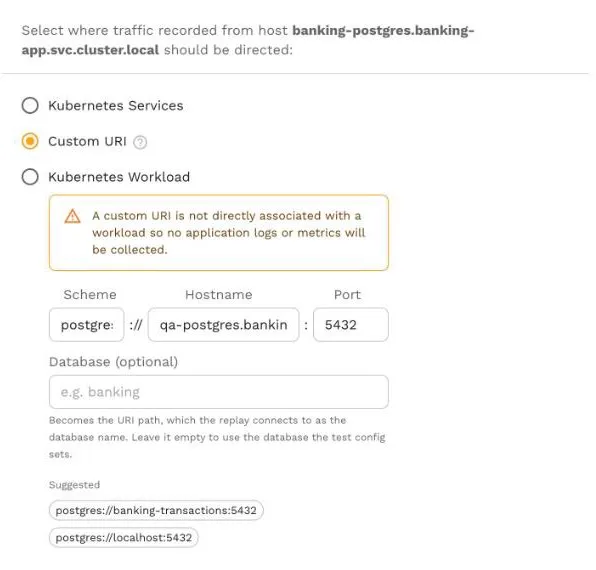 The Custom URI target with scheme postgres, the qa-postgres.banking-qa.svc.cluster.local host, port 5432 and an empty Database (optional) field