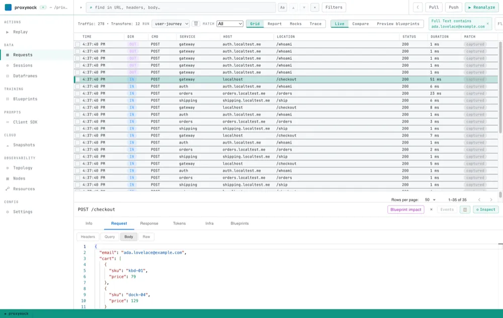 A recorded request's body showing the customer email ada.lovelace@example.com inside the checkout JSON