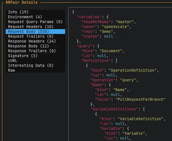 proxymock detail view of a captured GraphQL request to app.warp.dev
