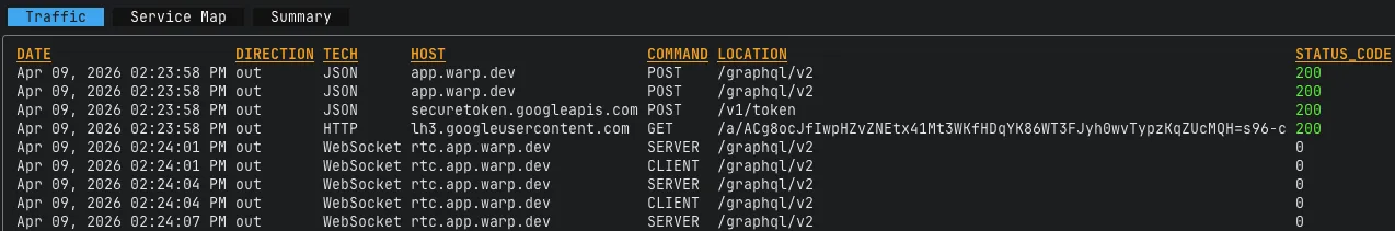 proxymock inspect traffic list showing 39 captured requests from a single Warp session