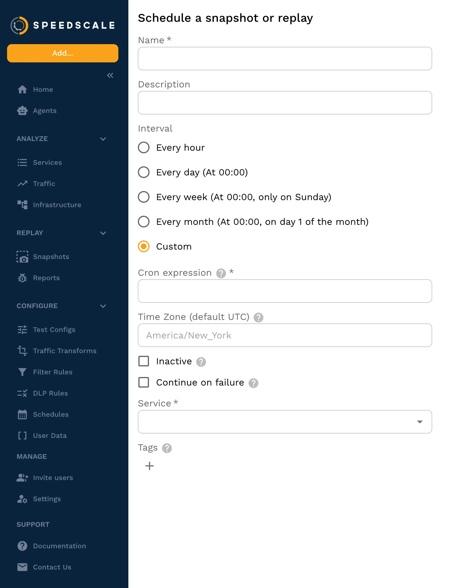Speedscale schedule configuration UI showing interval options including every hour, day, week, month, or a custom cron expression