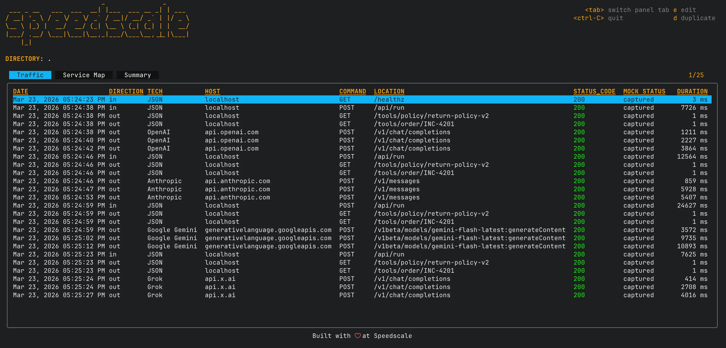 proxymock inspect showing recorded request-response pairs with method, URL, status, and timing