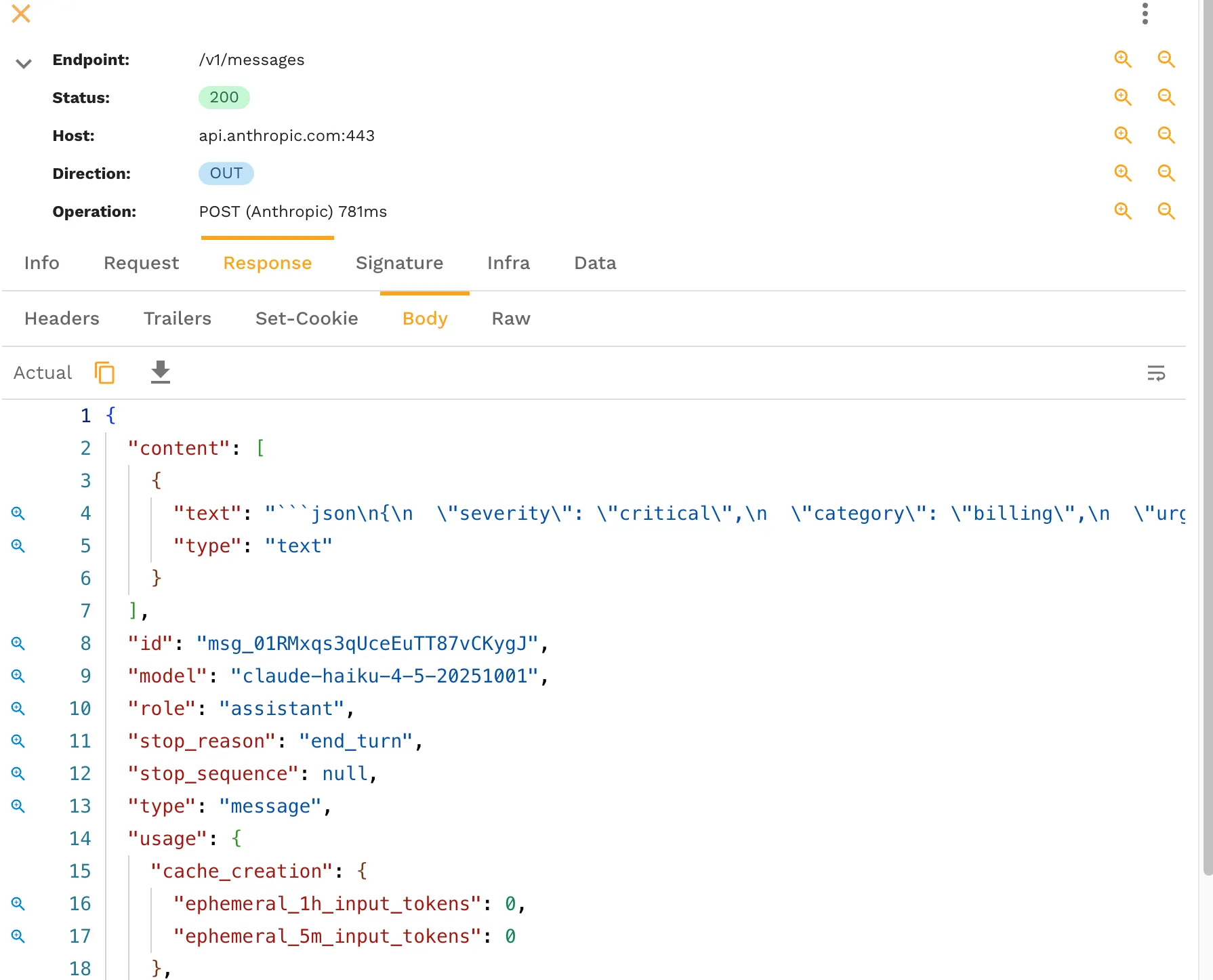 Speedscale request and response detail view showing a captured Anthropic call with the full response payload and timing