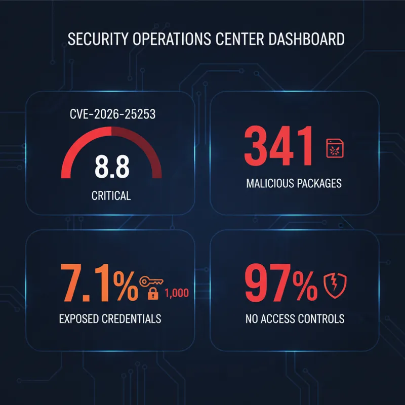 Infographic showing OpenClaw security vulnerabilities including CVE-2026-25253, 341 malicious ClawHub packages, and 1000 exposed instances