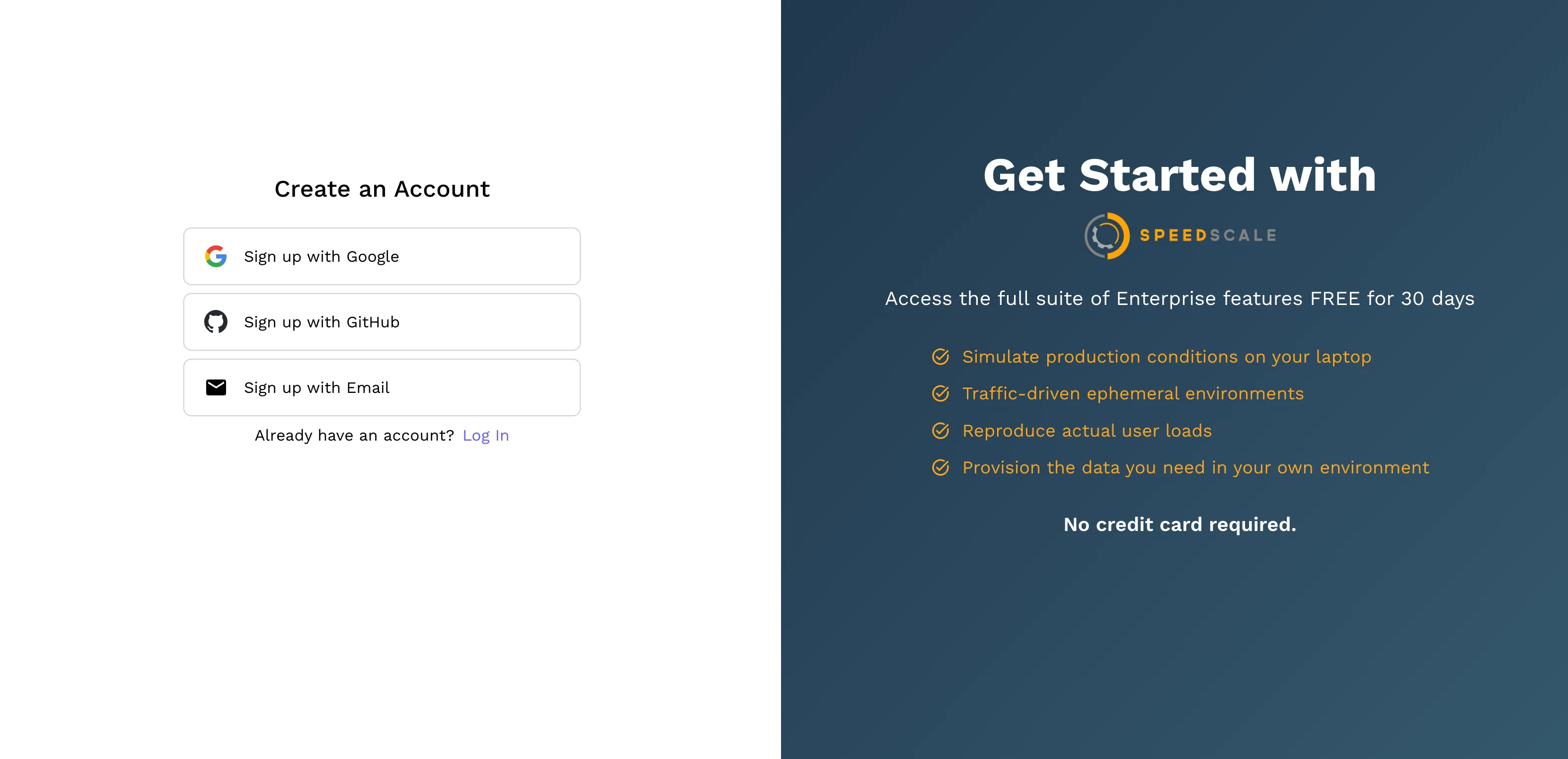 Speedscale’s free trial landing page