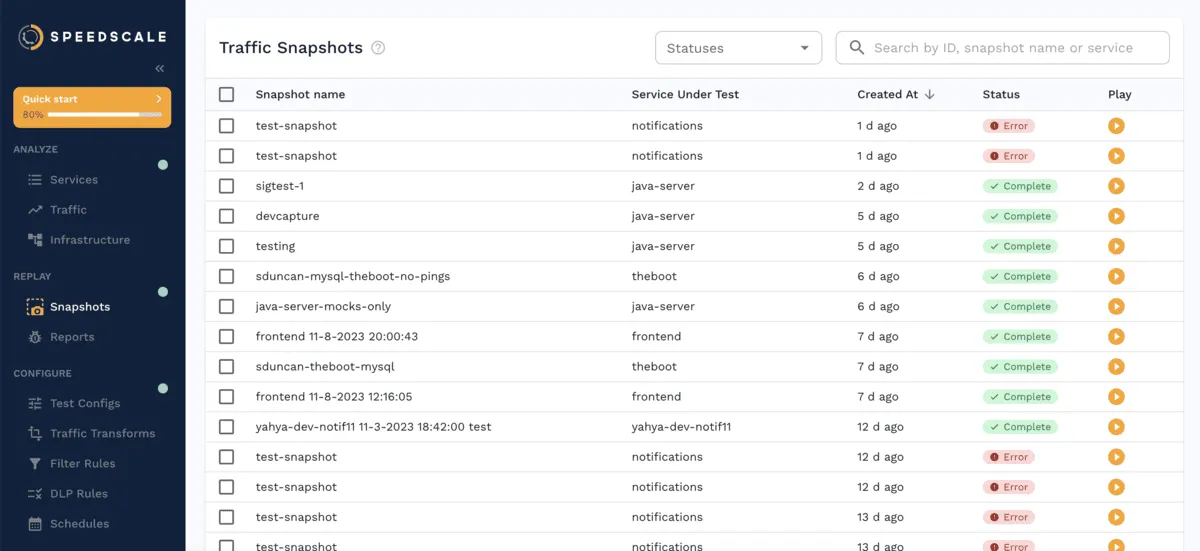 Speedscale’s traffic snapshots user interface