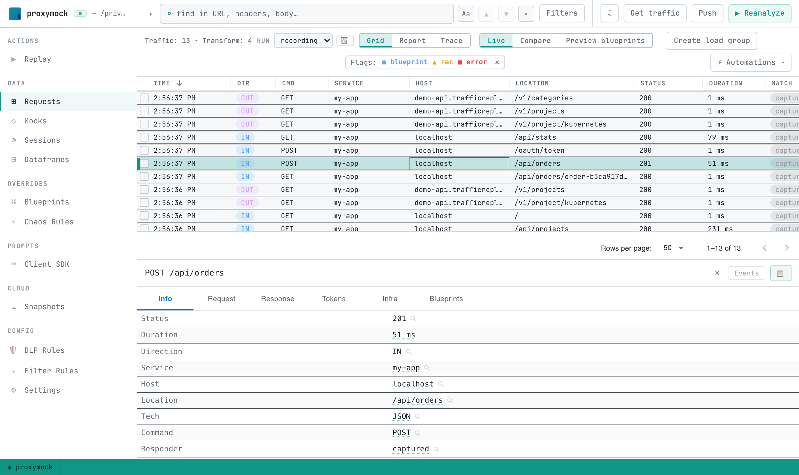 proxymock web showing recorded requests and the details of a selected request