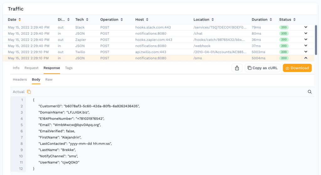 Speedscale traffic viewer allows you to look into transactions and see payload details