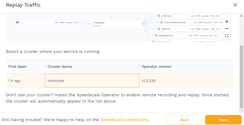 Speedscale Traffic Replay Select Cluster