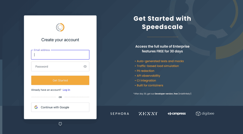 Speedscale’s free trial landing page