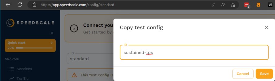 Speedscale user interface showing Copy test config
