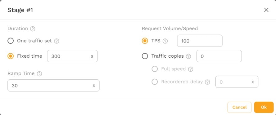 Speedscale user interface showing duration and TPS