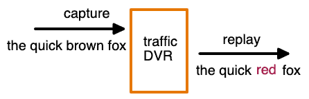 Traffic replay DVR metaphor with automatic rewriting