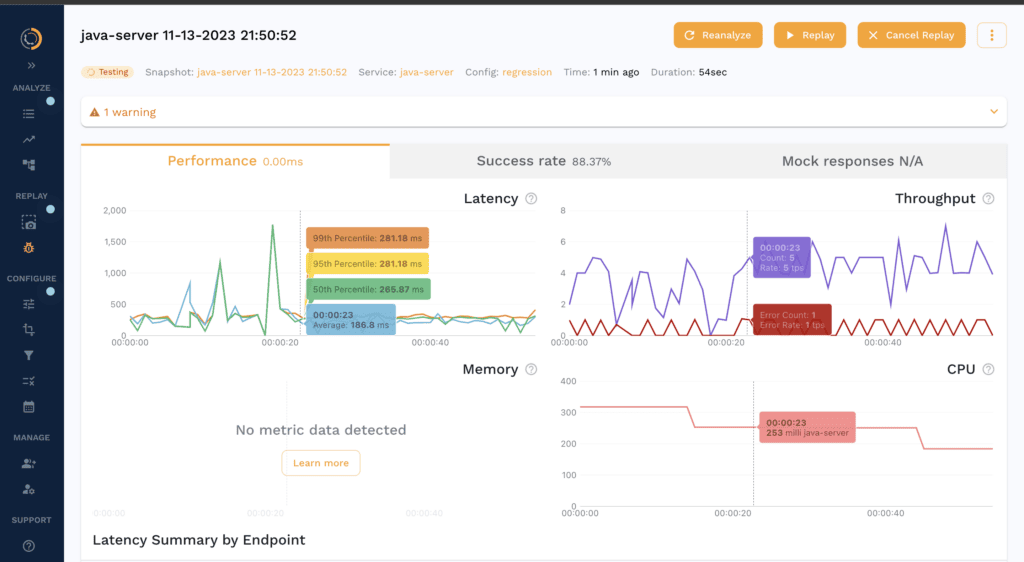 Speedscale dashboard providing options for replaying mocks in various testing environments
