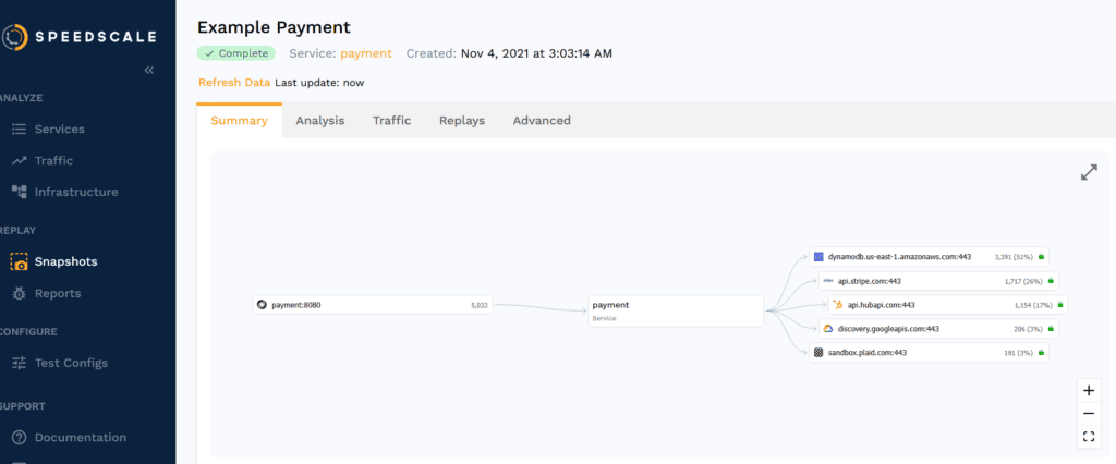 Speedscale snapshot screen showing various elements of a payment