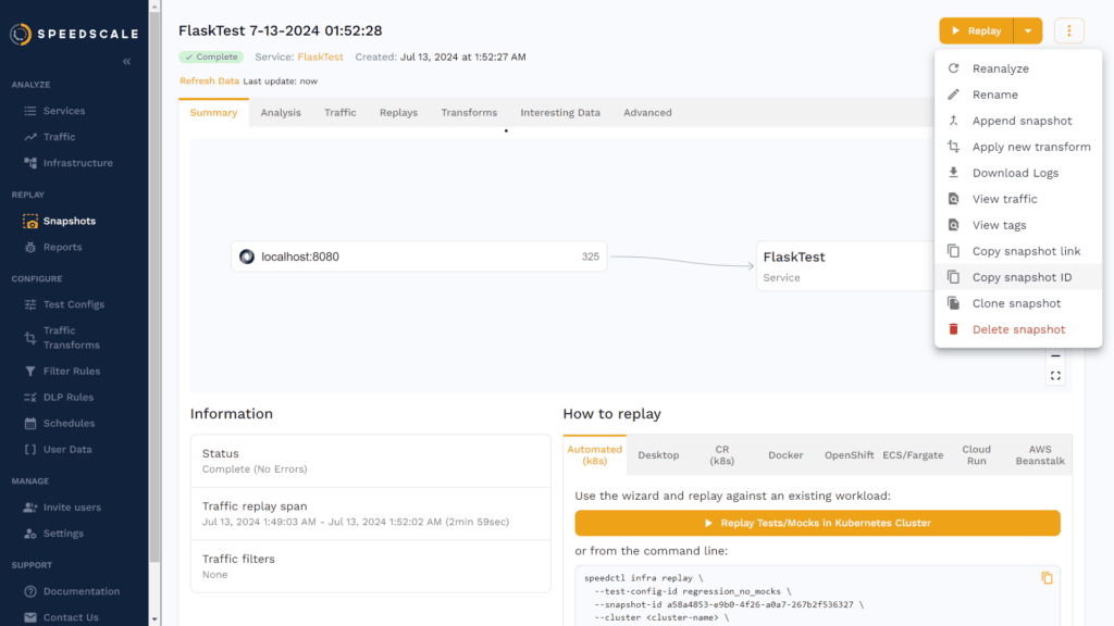 Speedscale traffic snapshot