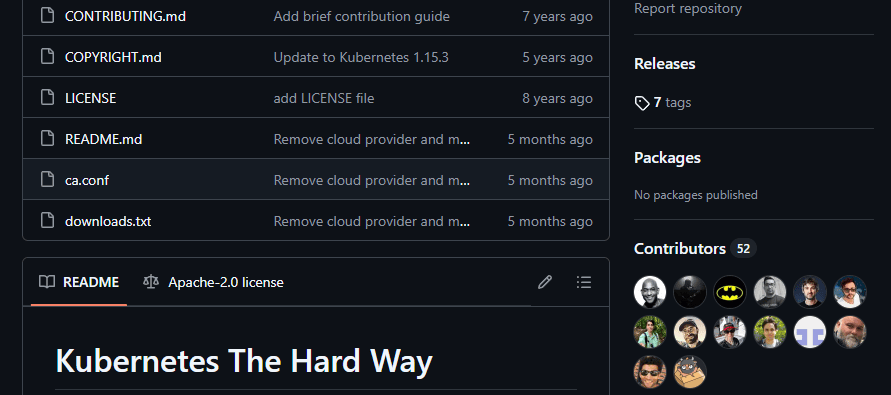 Screenshot of "Kubernetes the Hard Way" on GitHub. The best resource for learning to make a local cluster