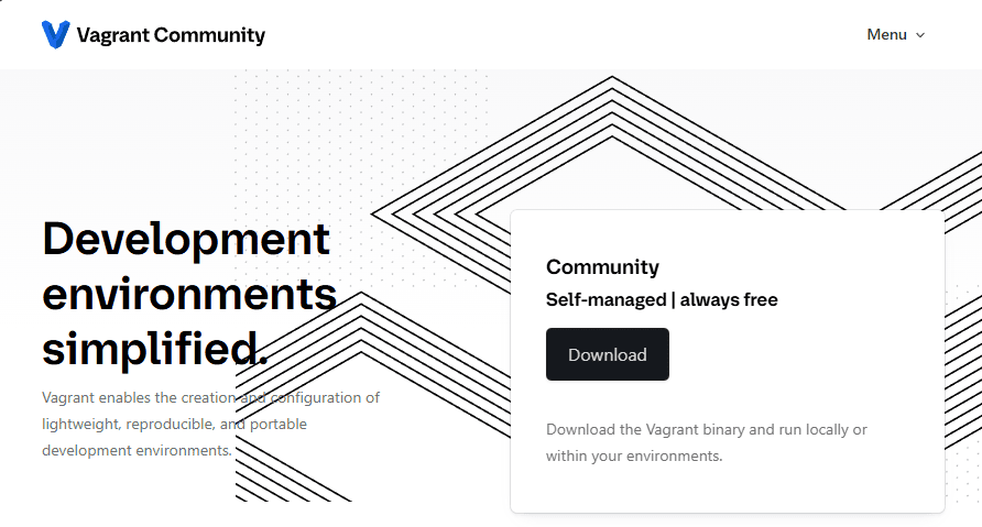 Screenshot of Vagrant's homepage, a great solution for a local development machine.