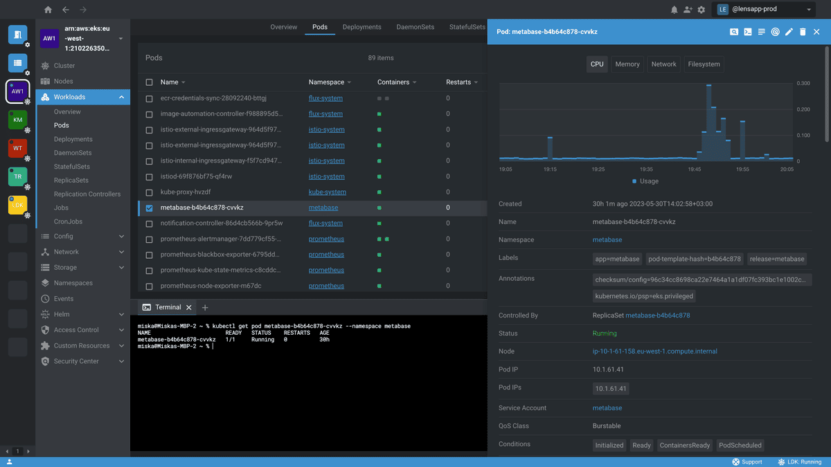 Lens as a comprehensive IDE fo Kubernetes offering unprecedented and deep understanding of your Kubernetes instance.