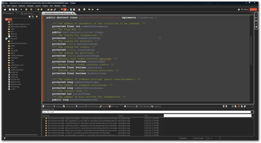 Screenshot showing the Eclipse integrated development environment workspace for developers.