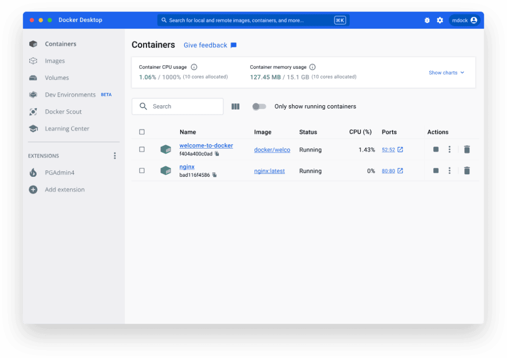 Screenshot of Docker Desktop, a great all-round development environment.