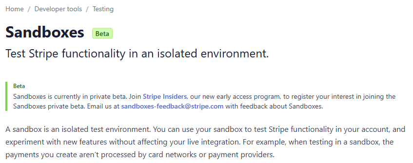 Screenshot of Stripe documentation for their sandbox to use during API development