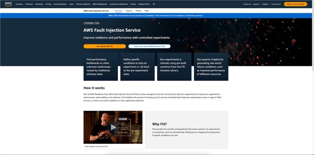 AWS Fault Injection Simulator Home Page Screenshot.