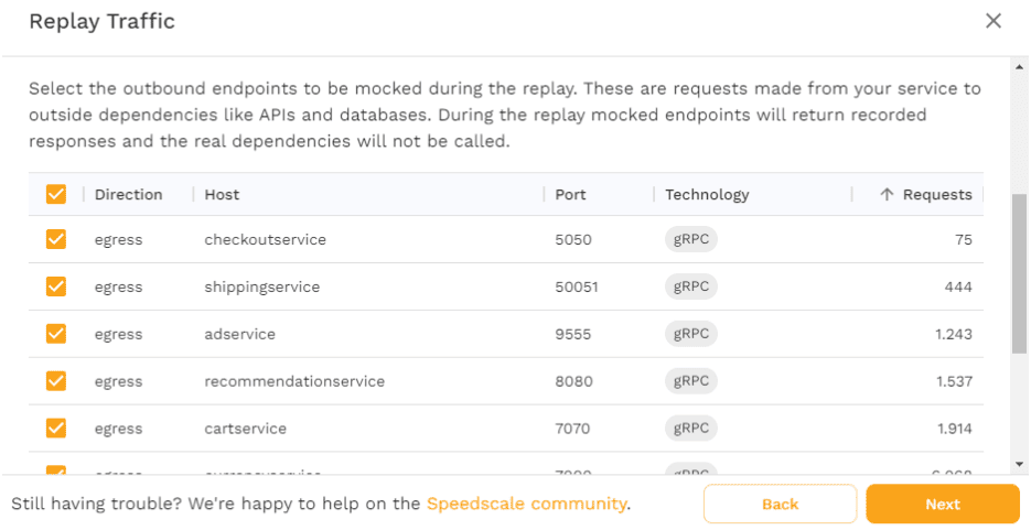 Replay wizard that shows endpoints to simulate